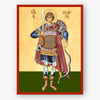 Saint George the Great Martyr in a soldier's suit holding a spear and a bow and arrow on a beige background with a red border. 