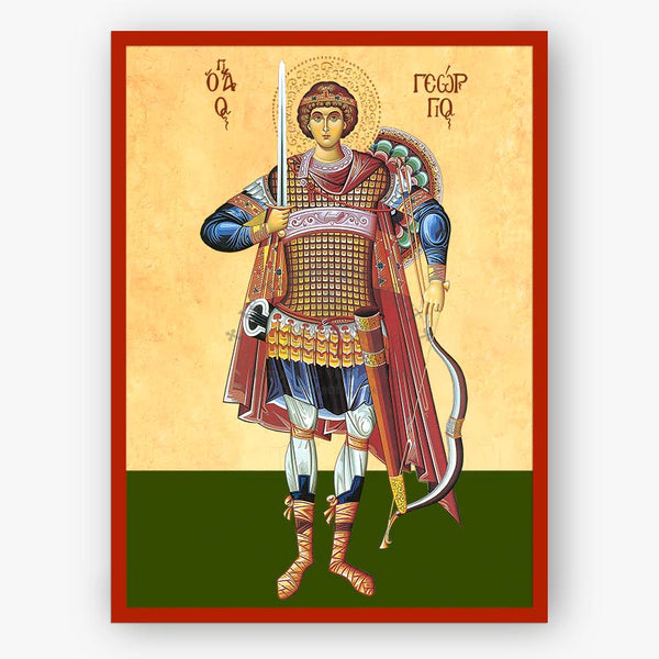 Saint George the Great Martyr in a soldier's suit holding a spear and a bow and arrow on a beige background with a red border. 