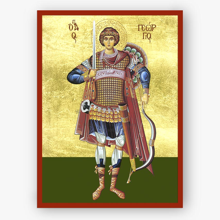 Saint George the Great Martyr in a soldier's suit holding a spear and a bow and arrow on a goldbackground with a red border. 