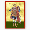 Saint George the Great Martyr in a soldier's suit holding a spear and a bow and arrow on a goldbackground with a red border. 