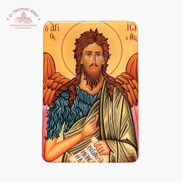 Decorative icon of Saint John the Baptist with a gold background and 'Troupeau Benit' logo branding