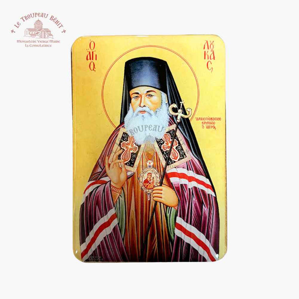 Icon of a religious figure with a gold background with 'Troupeau Benit' logo branding