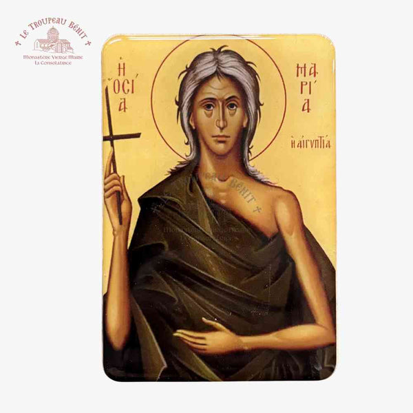 Icon of Saint Mary of Egypt holding a cross on a gold background with 'Troupeau Benit' logo branding