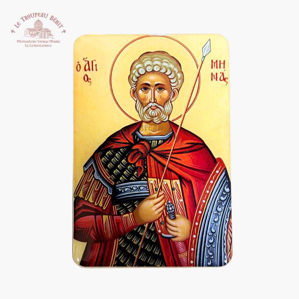 Decorative card with a religious icon of a bearded figure in red and gold attire on a yellow background with 'Troupeau Benit' logo branding