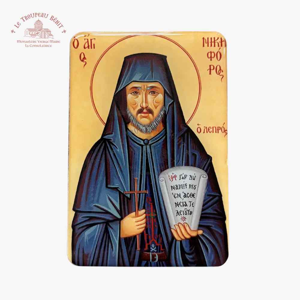 Icon of a religious figure holding a cross and a book with text, on a beige background with 'Troupeau Benit' logo branding
