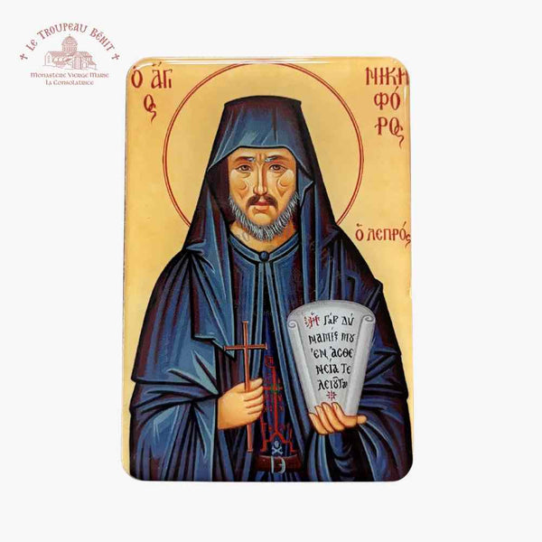 Icon of a religious figure holding a cross and a book with text, on a beige background with 'Troupeau Benit' logo branding
