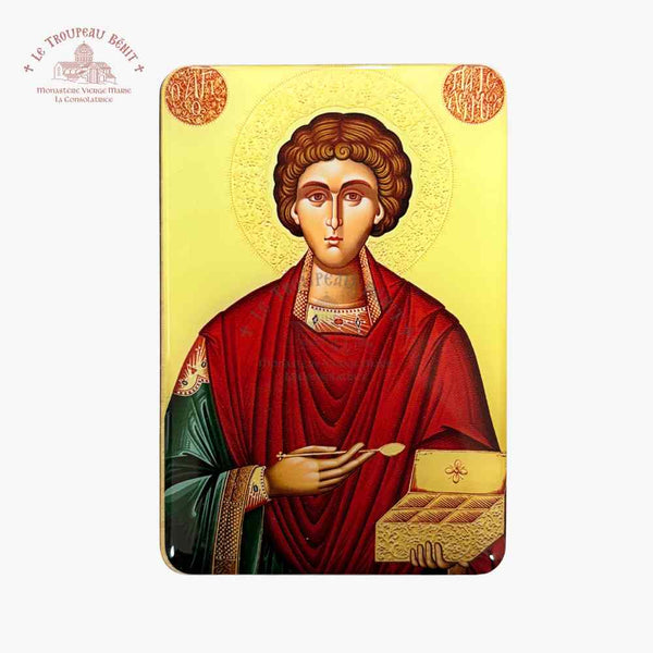 Decorative card with a religious icon of a person in red and green robes on a yellow background with 'Troupeau Benit' logo branding