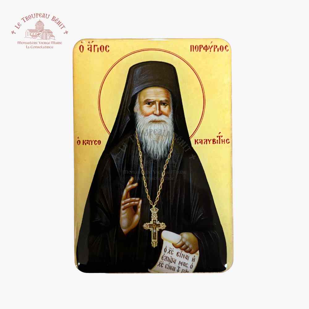 Icon of St. Porphyrios with a yellow background and text and 'Troupeau Benit' logo branding