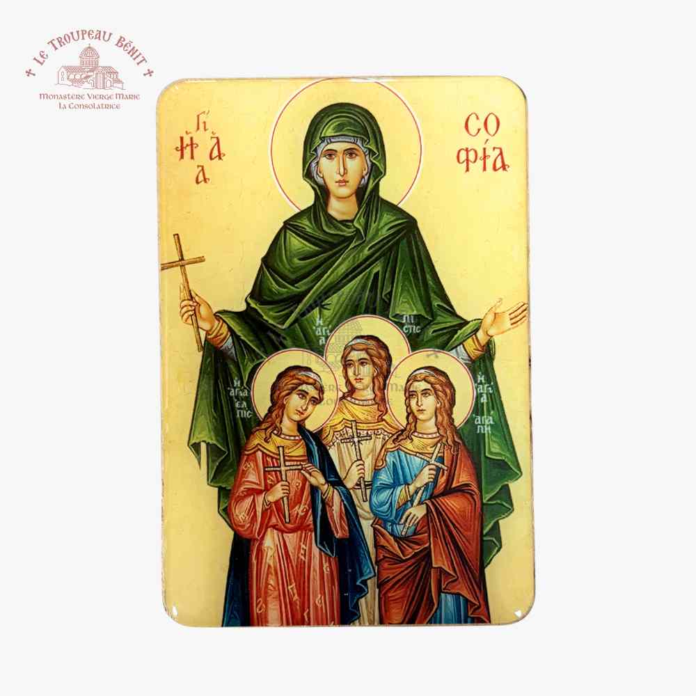 Decorative plaque with religious iconography featuring a central figure and three others, on a yellow background with 'Troupeau Benit' logo branding