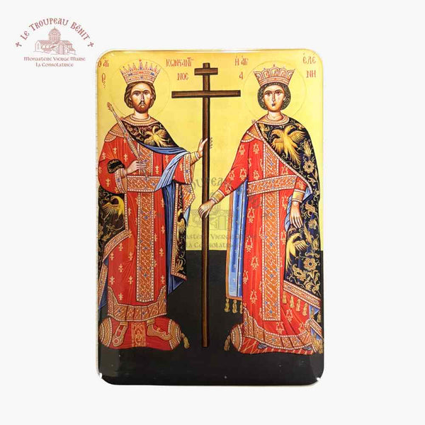 Decorative panel with two figures in ornate clothing holding a cross, on a yellow background with 'Troupeau Benit' logo branding