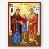 Icon of a religious scene with two figures and a child, set against a detailed architectural background.