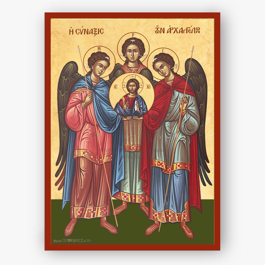 Archangels Michael, Gabriel, Raphael holding Christ on a beige background with a red border.