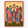 Archangels Michael, Gabriel, Raphael holding Christ on a beige background with a red border.