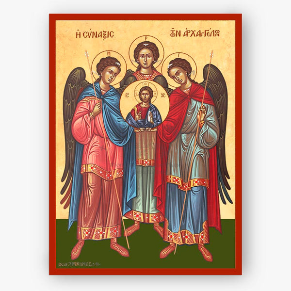 Archangels Michael, Gabriel, Raphael holding Christ on a beige background with a red border.