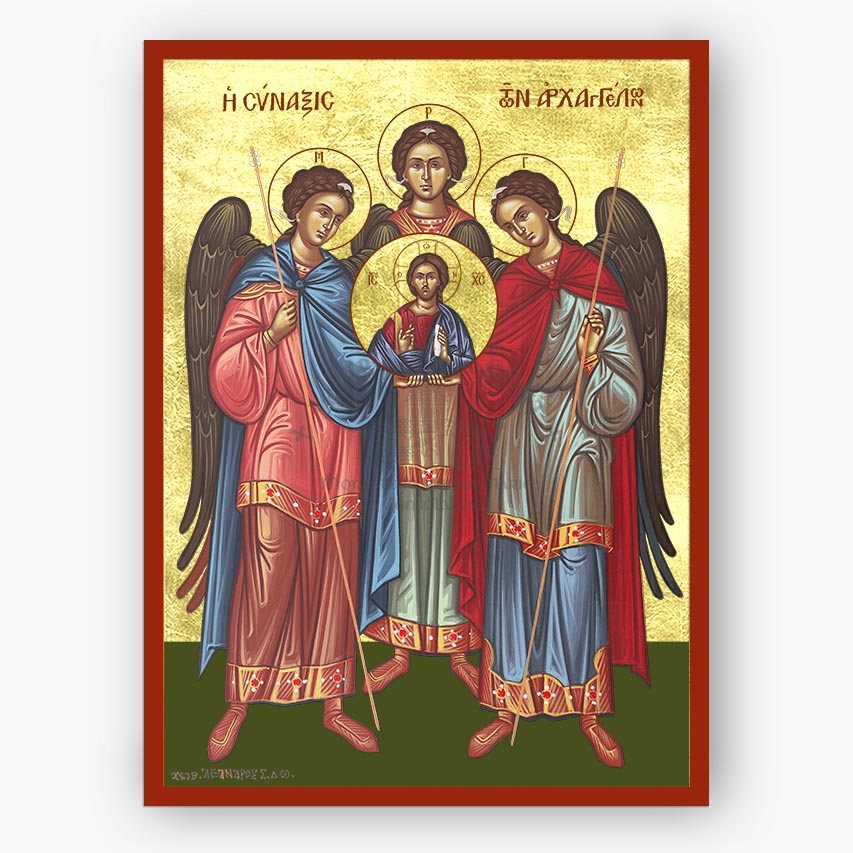 Archangels Michael, Gabriel, Raphael holding Christ on a gold background with a red border.