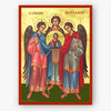 Archangels Michael, Gabriel, Raphael holding Christ on a gold background with a red border.