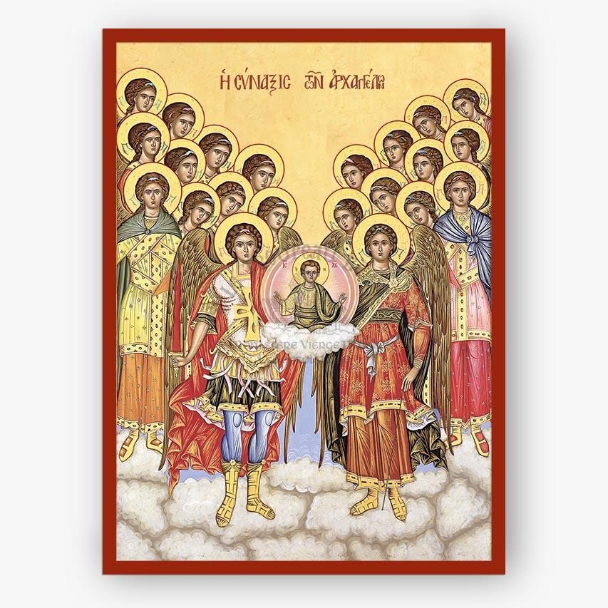 Synaxis of the Holy Archangels and Bodiless Hosts holding Christ on a beige background with a red border
