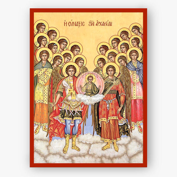 Synaxis of the Holy Archangels and Bodiless Hosts holding Christ on a beige background with a red border