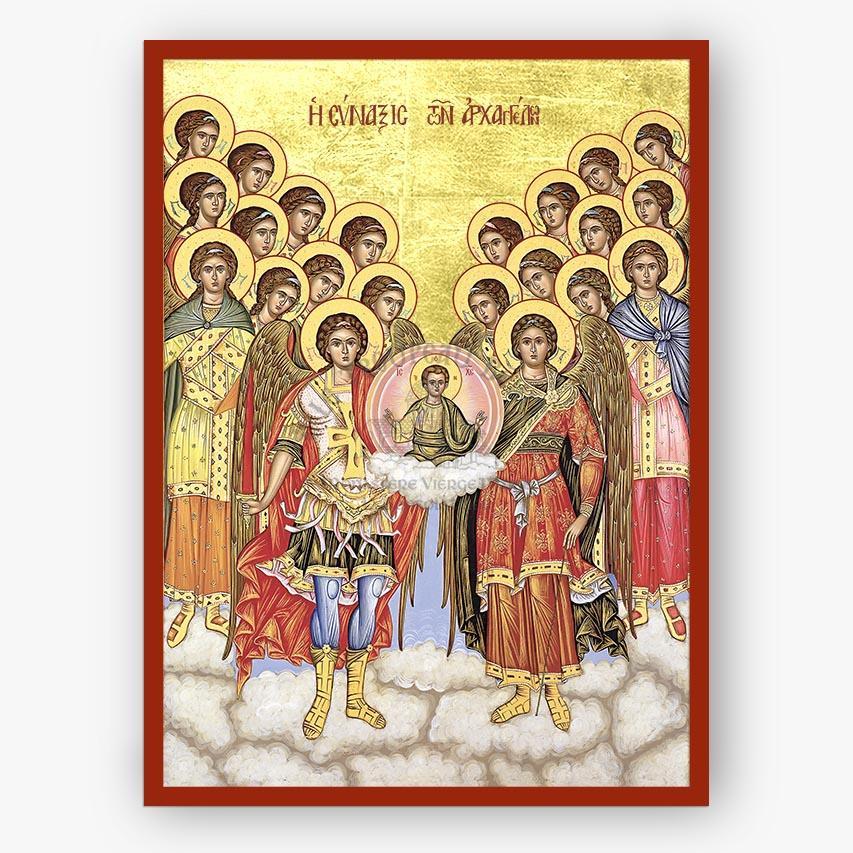Synaxis of the Holy Archangels and Bodiless Hosts holding Christ on a gold background with a red border