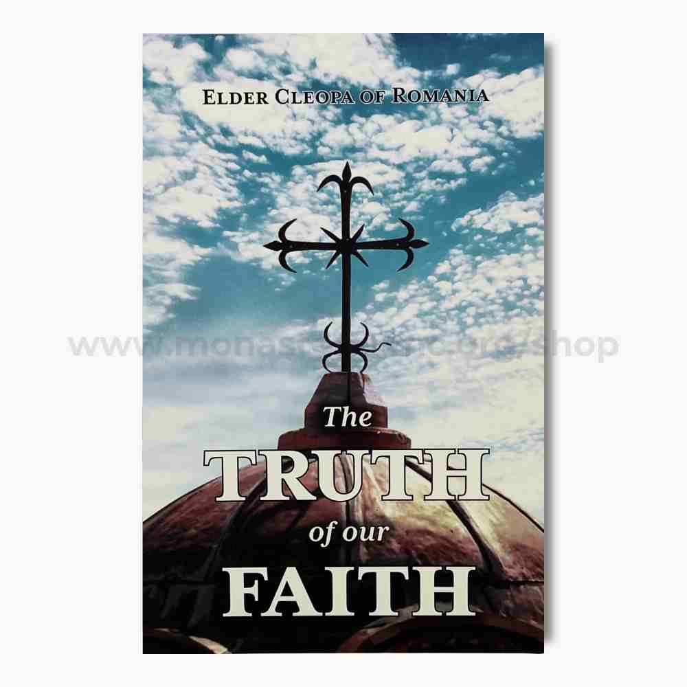 Book cover with cross and text 'The Truth of our Faith' against a cloudy sky background