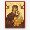 Icon of Theotokos the amolyntos holding Christ with two angels on the right and left on a beige background