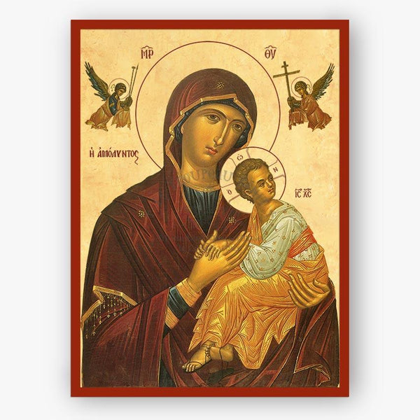 Icon of Theotokos the amolyntos holding Christ with two angels on the right and left on a beige background