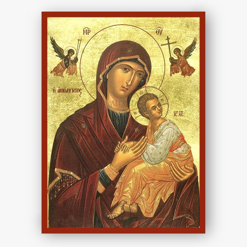 Icon of Theotokos the amolyntos holding Christ with two angels on the right and left on a gold background with a red border