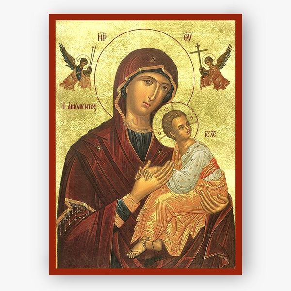 Icon of Theotokos the amolyntos holding Christ with two angels on the right and left on a gold background with a red border
