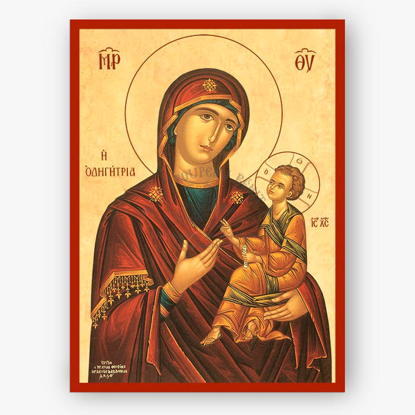 Mother of God, Odegetria, the directress holding Jesus Christ on a beige background with a red border. 