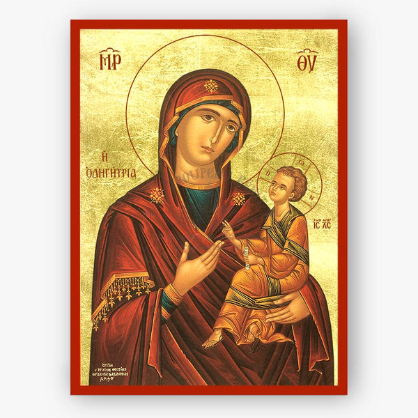 Mother of God, Odegetria, the directress holding Jesus Christ on a gold background with a red border. 