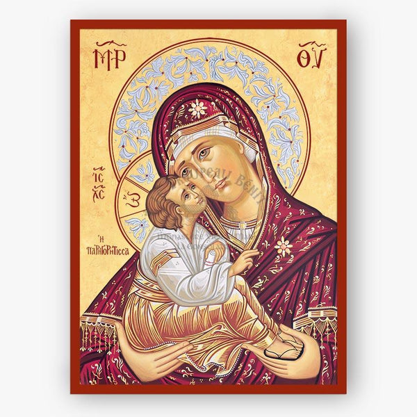 Icon of Mother of God holding Christ against a gold background