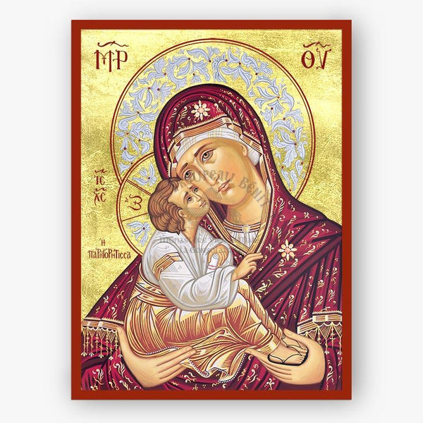 Icon of Mother of God holding Christ against a gold background