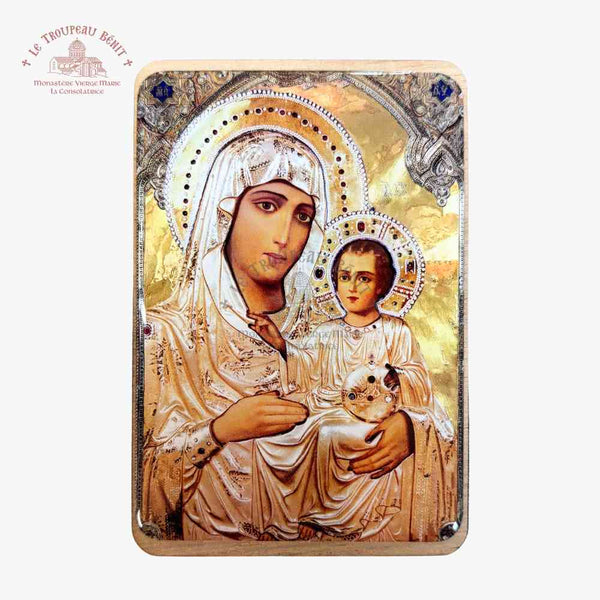 Icon of the Mother of God Ierosolymitissa, of Jerusalem with intricate details on a gold background with 'Troupeau Benit' logo branding