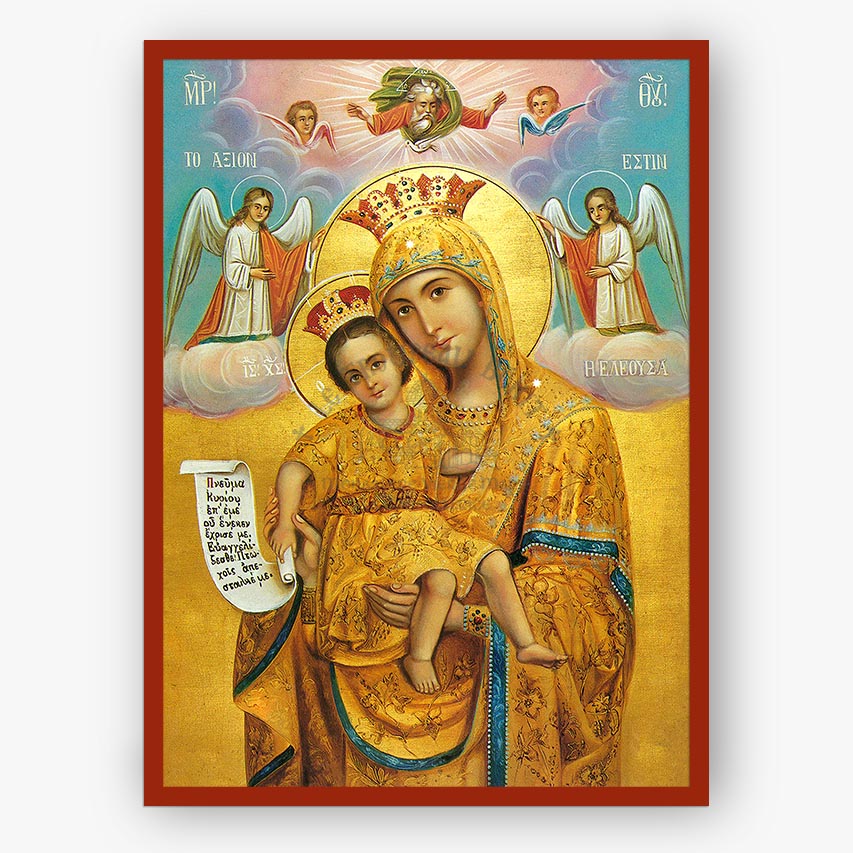 A religious icon painting of the Virgin Mary holding the infant Jesus, with surrounding angels and a red border, shown against a light gray background.