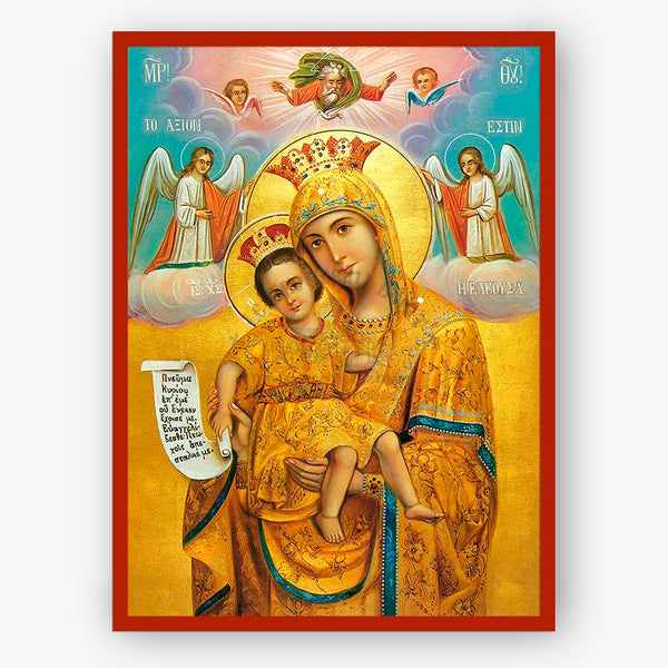 A religious icon painting of the Virgin Mary holding the infant Jesus, with surrounding angels and a red border, shown against a light gray background.