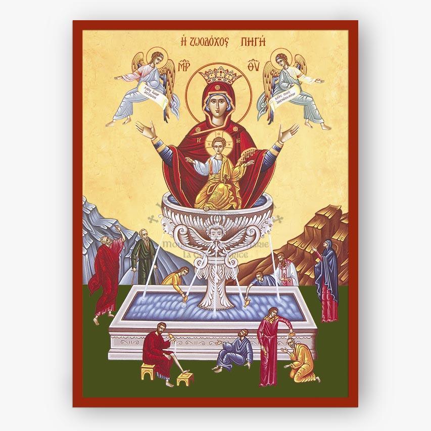 Decorative panel with religious iconography featuring Theotokos, Life Giving Font, angels, and people in a landscape.