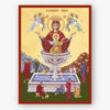 Decorative panel with religious iconography featuring Theotokos, Life Giving Font, angels, and people in a landscape.