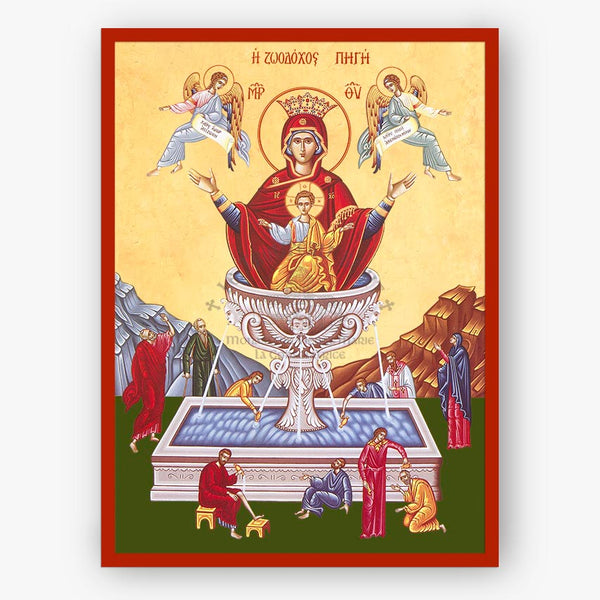 Decorative panel with religious iconography featuring Theotokos, Life Giving Font, angels, and people in a landscape.