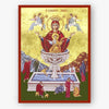 Decorative panel with religious iconography featuring Theotokos, Life Giving Font, angels, and people in a landscape around a fountain 