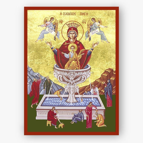 Decorative panel with religious iconography featuring Theotokos, Life Giving Font, angels, and people in a landscape around a fountain 