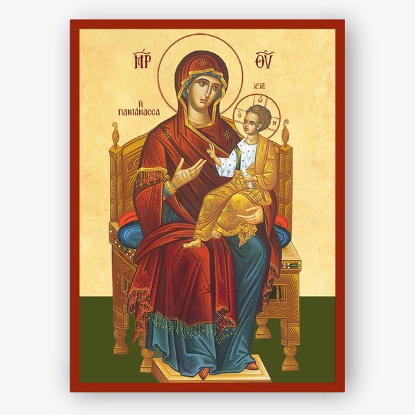 Theotokos, Pantanassa queen of all byzantine icon enthroned on a beige background. 