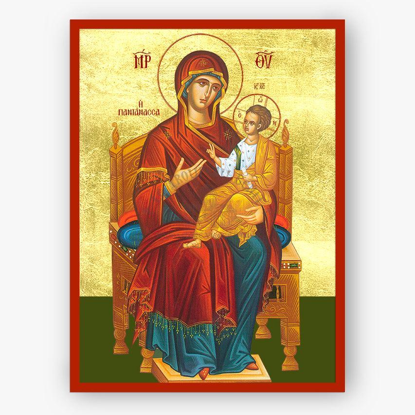 Theotokos, Pantanassa queen of all byzantine icon enthroned on a gold background. 