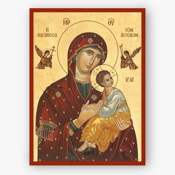 Icon of Theotokos, Queen of Angels, holding Jesus Christ with two angels and ornate details on a beige background