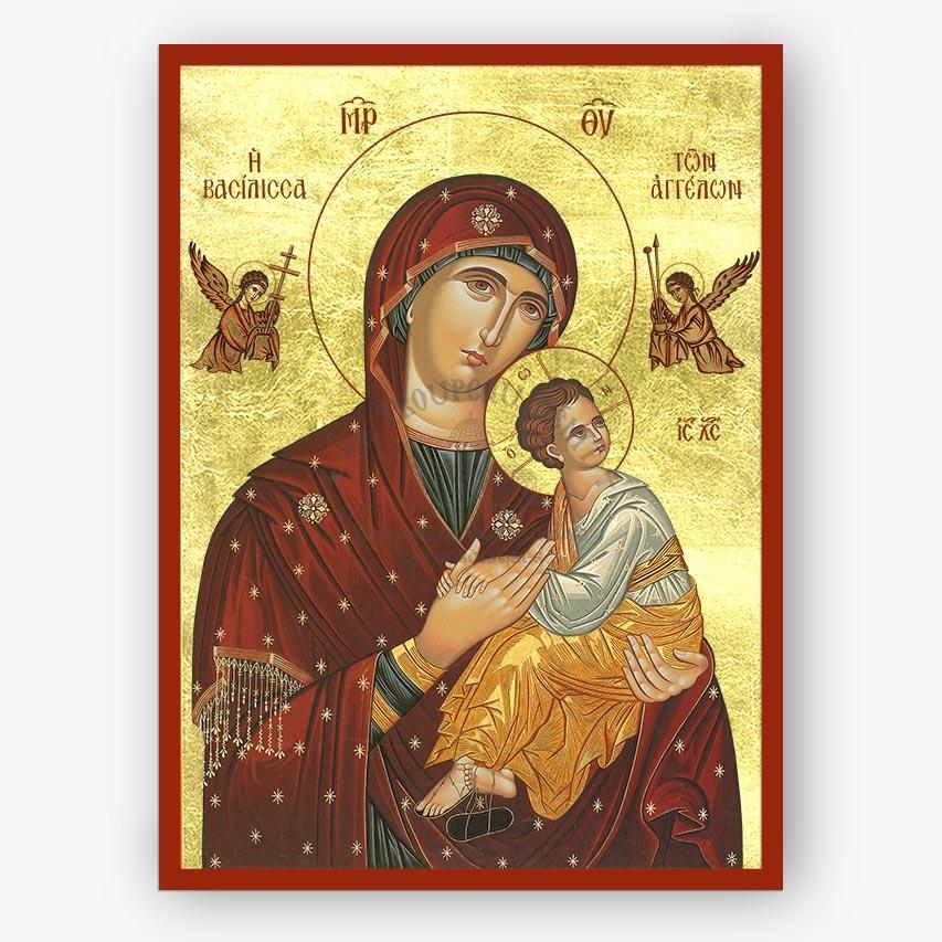 Icon of Theotokos, Queen of Angels, holding Jesus Christ with two angels and ornate details on a gold background