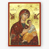 Icon of Theotokos, Queen of Angels, holding Jesus Christ with two angels and ornate details on a gold background