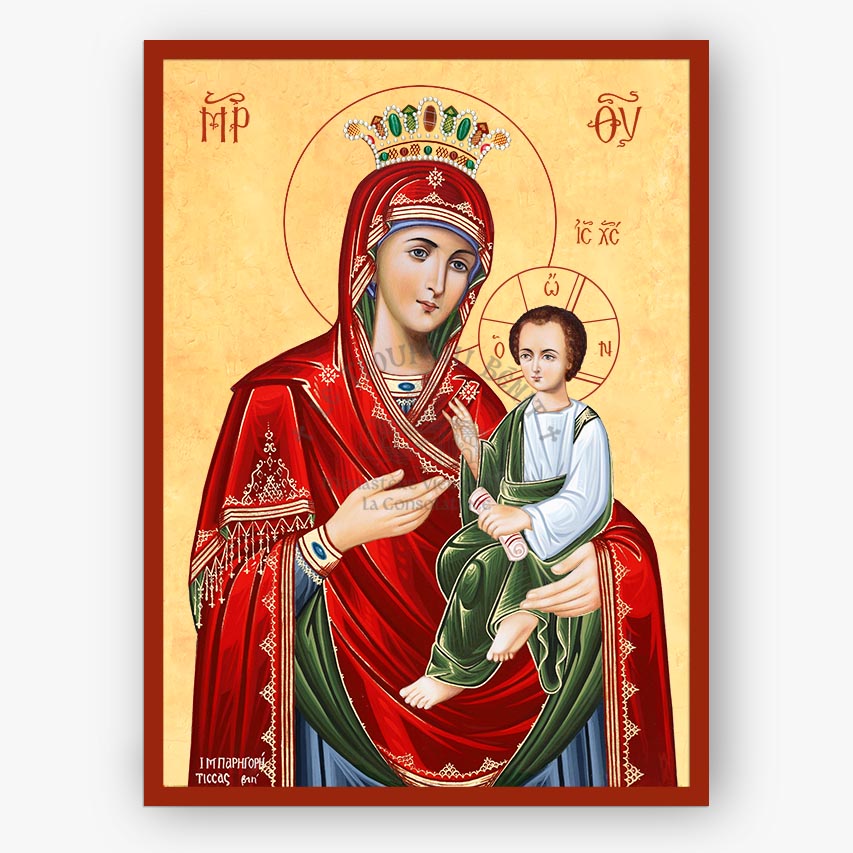 Icon of Mother of God Gorgoepikoos, holding Christ against a beige background