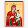 Icon of Mother of God Gorgoepikoos, holding Christ against a beige background