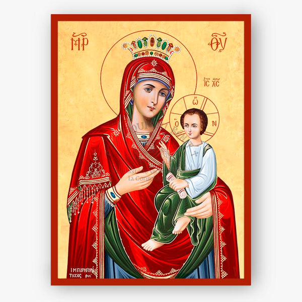 Icon of Mother of God Gorgoepikoos, holding Christ against a beige background