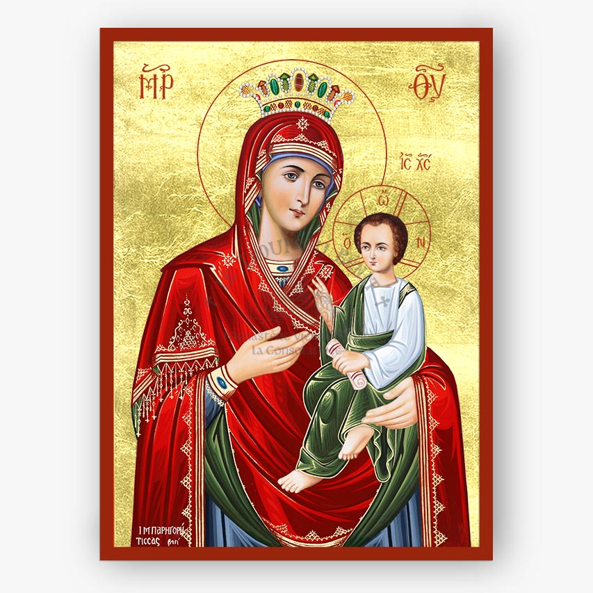 Icon of Mother of God Gorgoepikoos, holding Christ against a gold background
