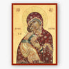 Decorative icon of the Theotokos, the saviour of souls, holding Christ with intricate details on a beige background